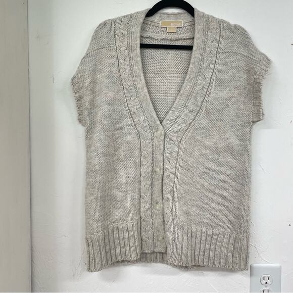 Michael Kors Grey Cable Knit Womens Short Sleeve Sweater Cardigan L Academia - Picture 1 of 8